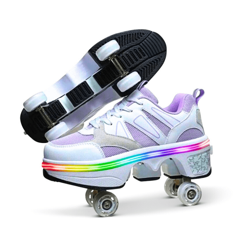 Kick Speed Original LOW Violet roller skate shoes 7-LED with retractable wheels side view on white background