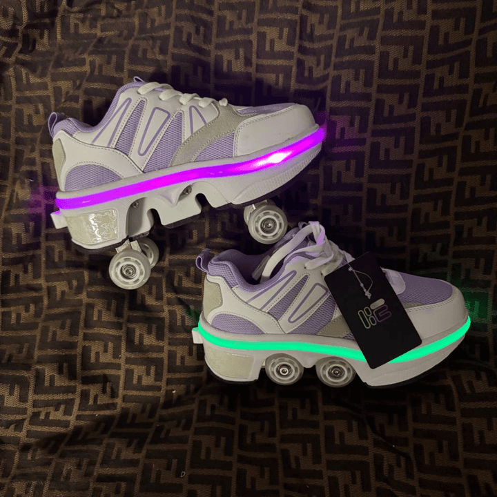 Kick Speed low-top violet roller skate shoes with LED lights on display