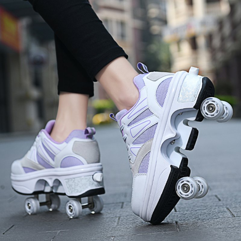 Kick Speed Violet roller skate shoes for girls showing retractable wheels in action