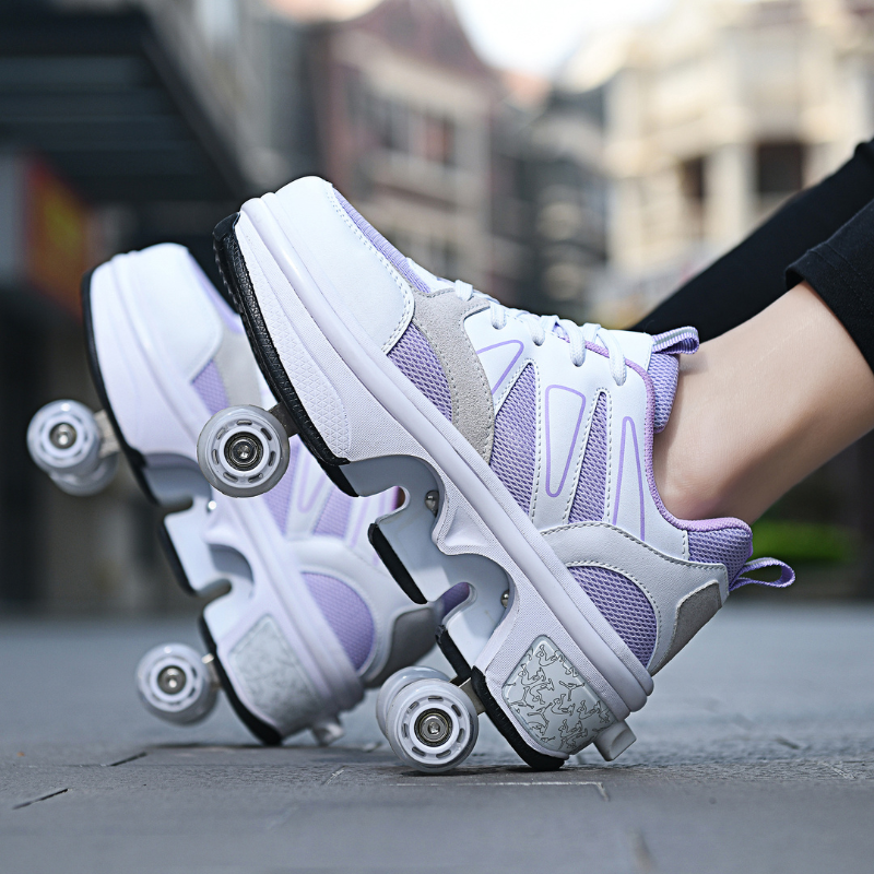 white and lilac 4 wheel roller skate shoes with retractable wheels, stylish shoes with pop out wheels for kids and teens