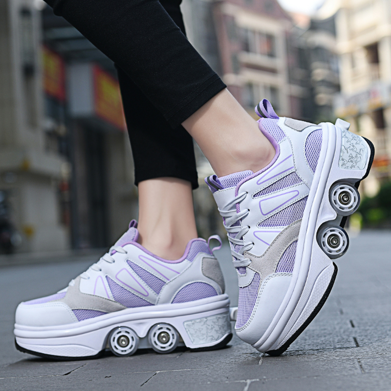Kick Speed Original Violet low roller skate shoes for kids with pop-up wheels on street