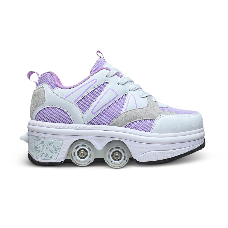 violet and white roller skate shoes with wheels for girls side profile view