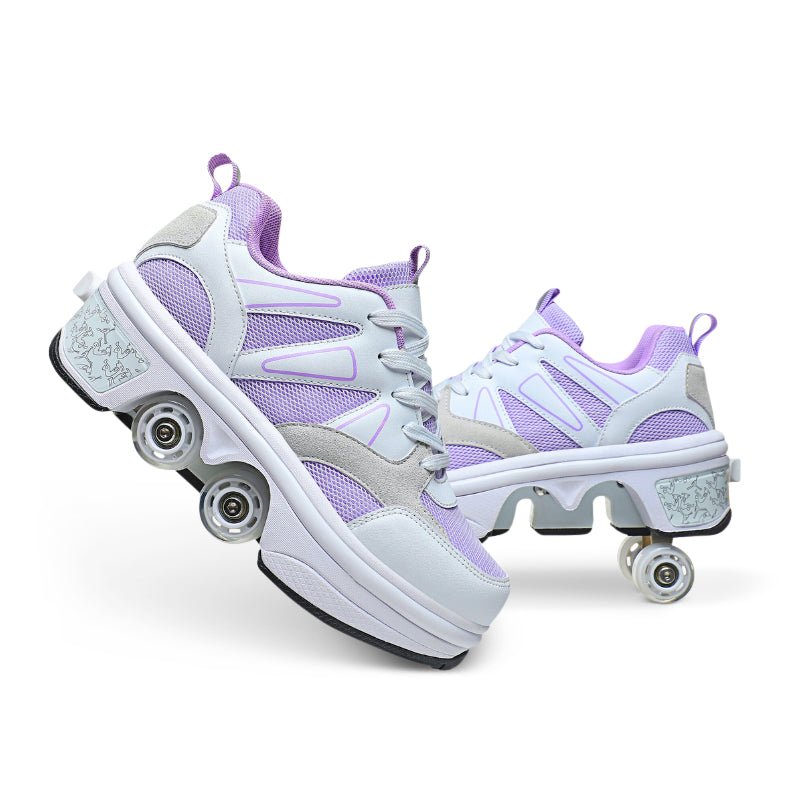 Kick Speed Fresh Violet LED roller skate shoes pair on white background side angle
