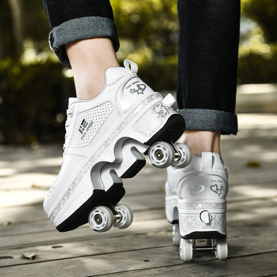 adult wearing Kick Speed white roller skate shoes, outdoor lifestyle photo