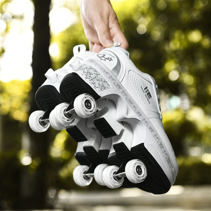 woman holding Kick Speed Original LOW White Roller Skate Shoes with retractable wheels, outdoor daylight close-up bottom view