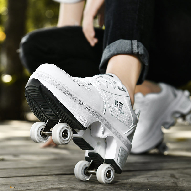 close-up of woman wearing Kick Speed White Roller Skate Shoes, showing retractable wheel design