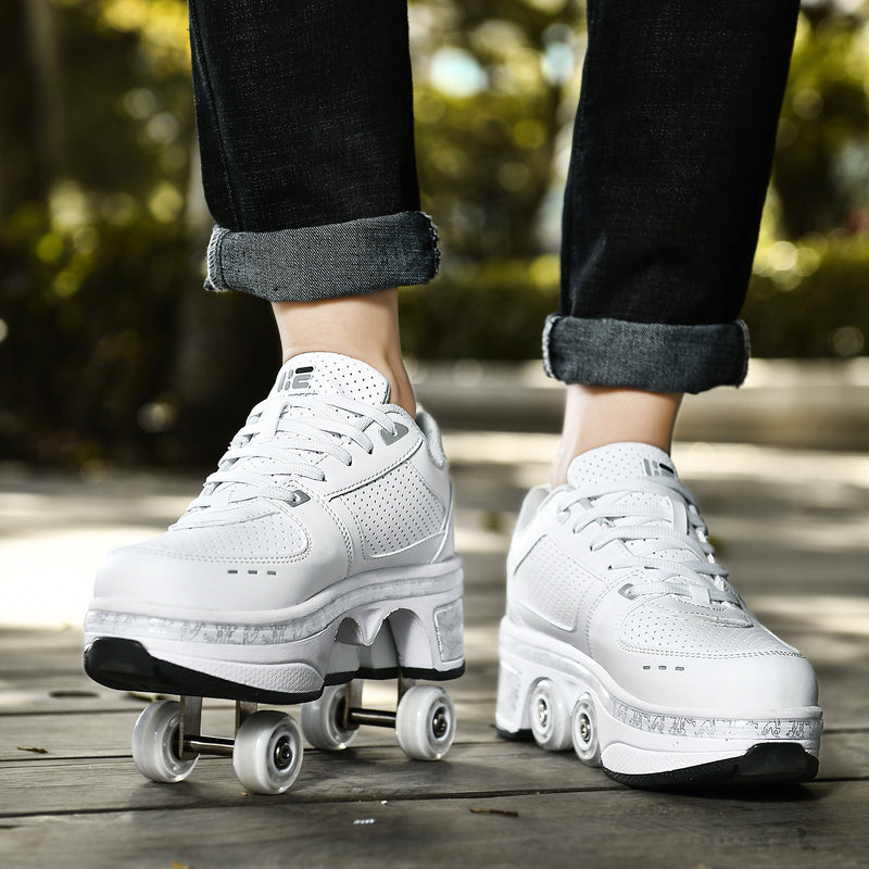 woman walking in Kick Speed roller shoes, white low top sneakers, casual park shot