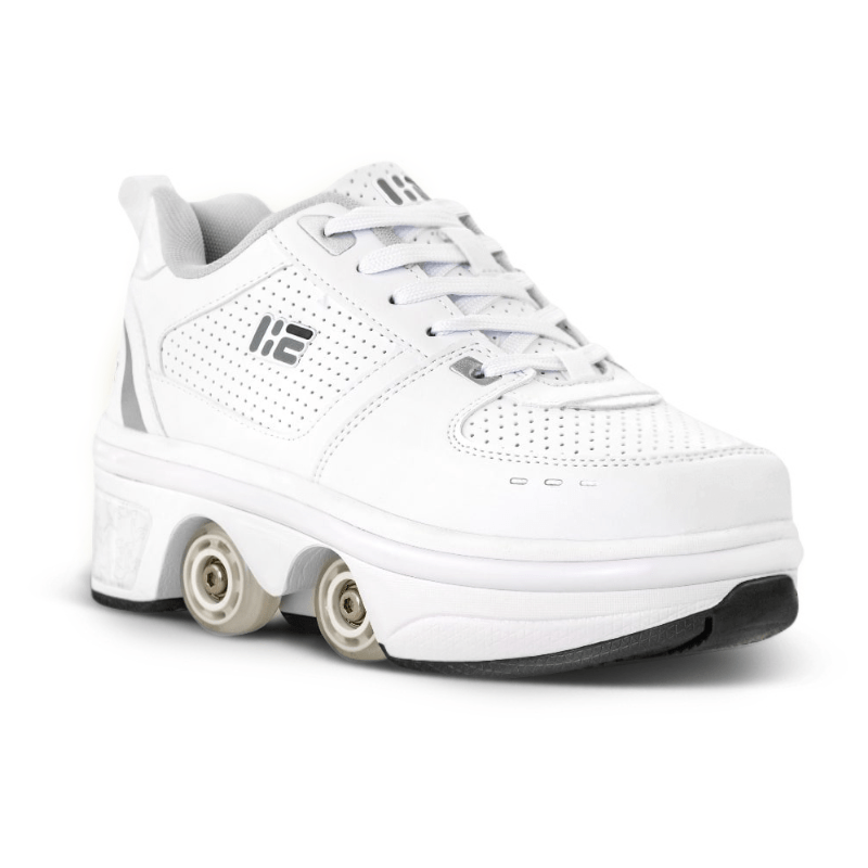 Side view of low top roller skate shoes with LED lights and retractable wheels