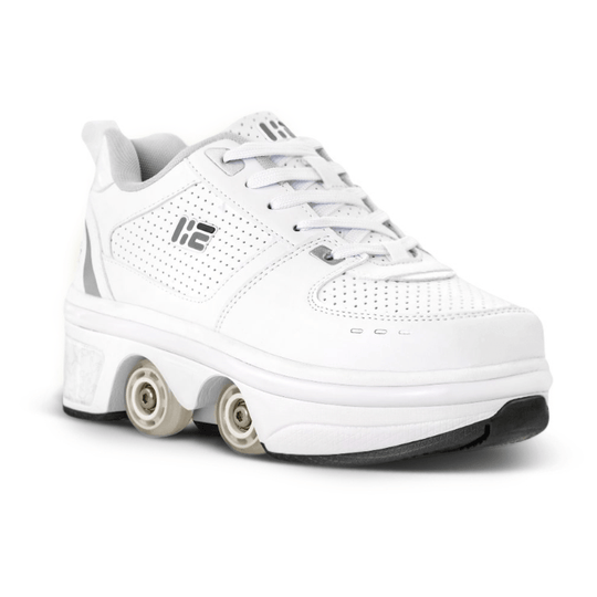 Side view of low top roller skate shoes with LED lights and retractable wheels