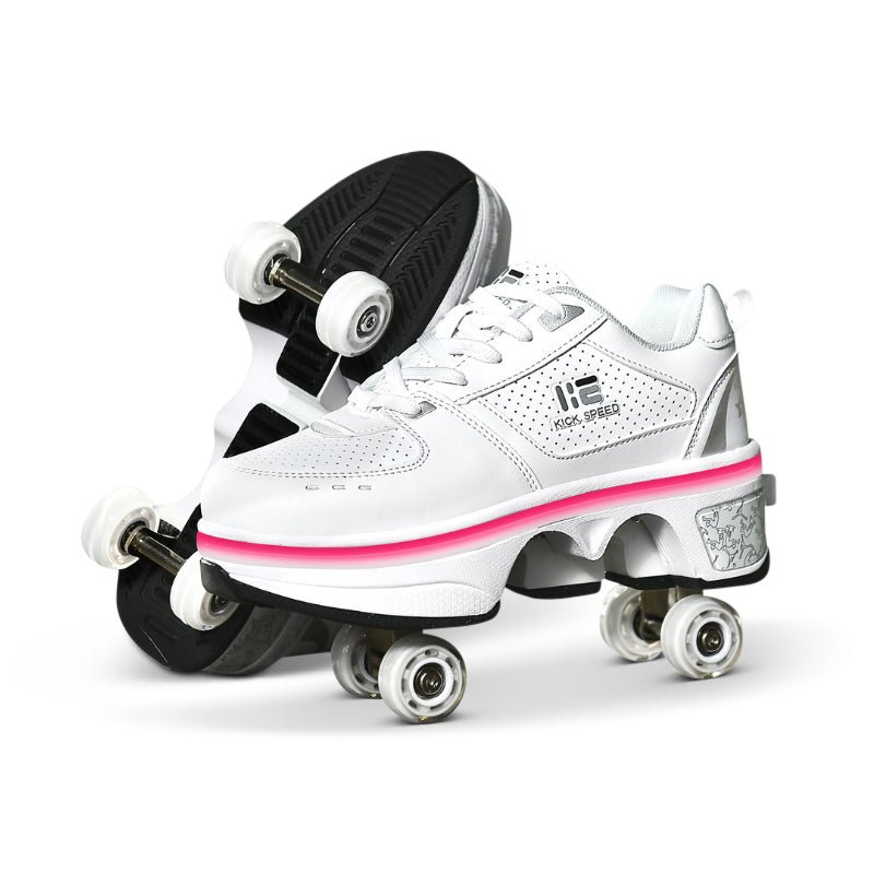 Kick Speed Original LOW Roller Skate Shoes LED white light up model with pop up wheels for kids and adults