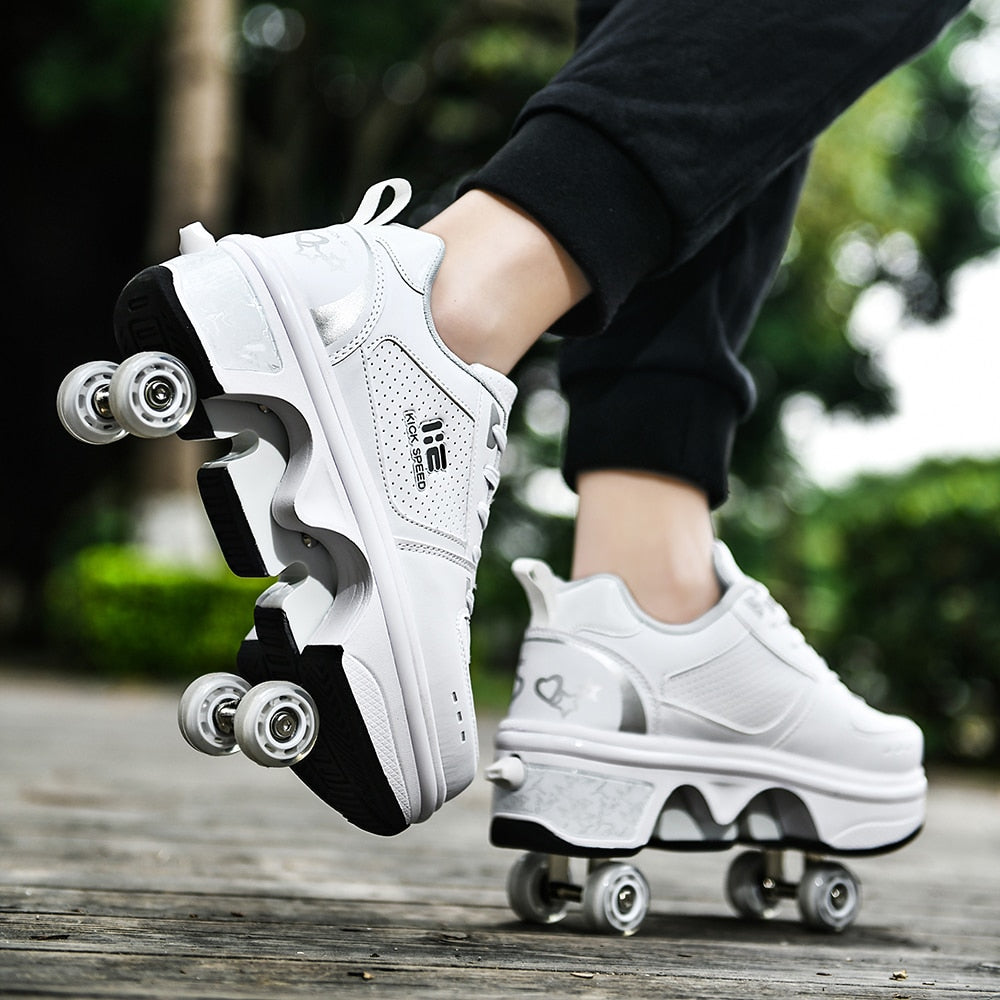 Kick Speed Original LOW roller skate shoes in motion showing retractable four wheel design for kids and adults
