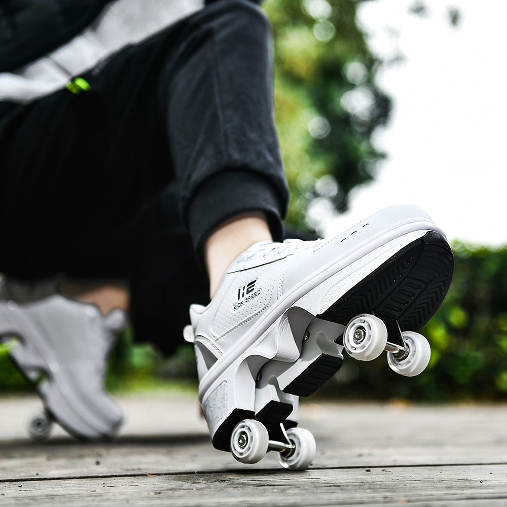 close up of Kick Speed Original LOW white roller skate shoes showing wheel mechanism for smooth ride