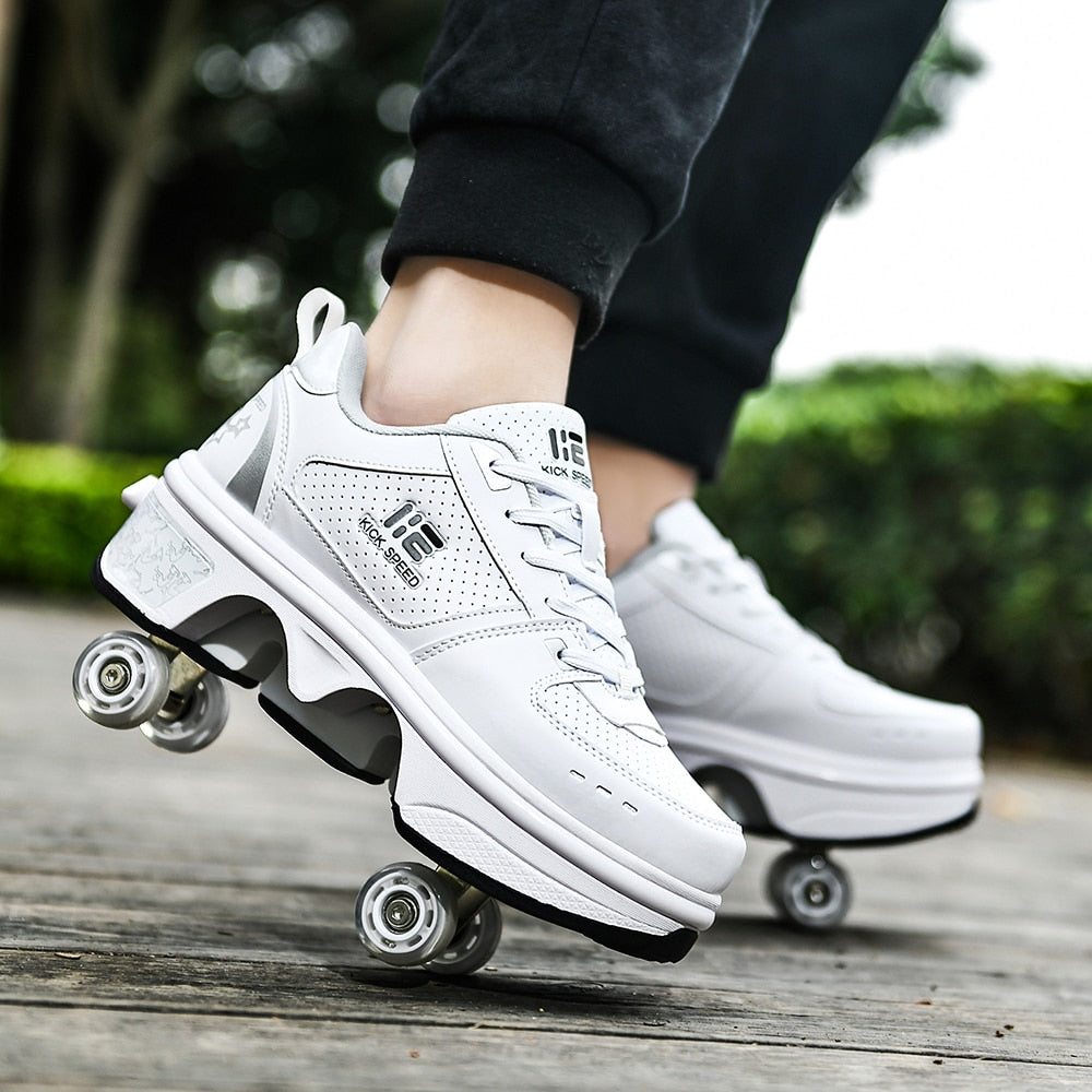 Kick Speed Original LOW roller skate shoes outdoor action photo with retractable wheels and comfortable fit