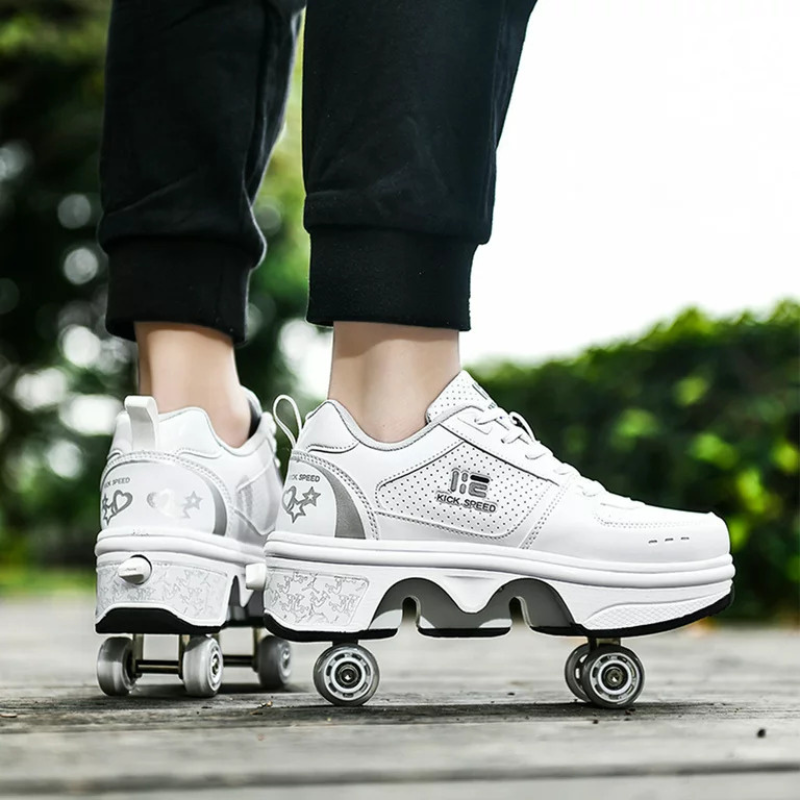 white Kick Speed Original LOW roller skate shoes outdoor back view showing pop up wheels for kids and adults