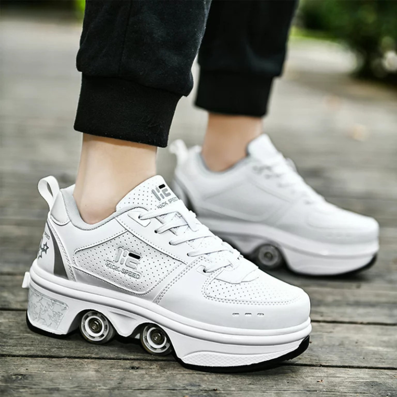 side view of Kick Speed Original LOW white roller skate shoes for adults and kids on wooden surface