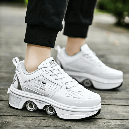 close up of white roller skate shoes with lights comfortable LED shoes for kids