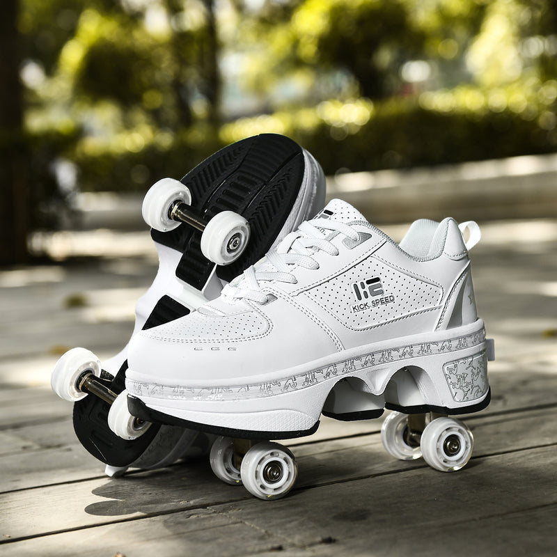 Kick Speed white roller skate shoes with retractable wheels, outdoor product photo on wooden surface