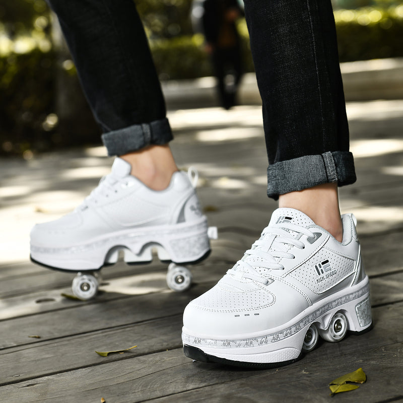 woman skating in white roller skate shoes, Kick Speed sneakers with wheels, wooden deck scene