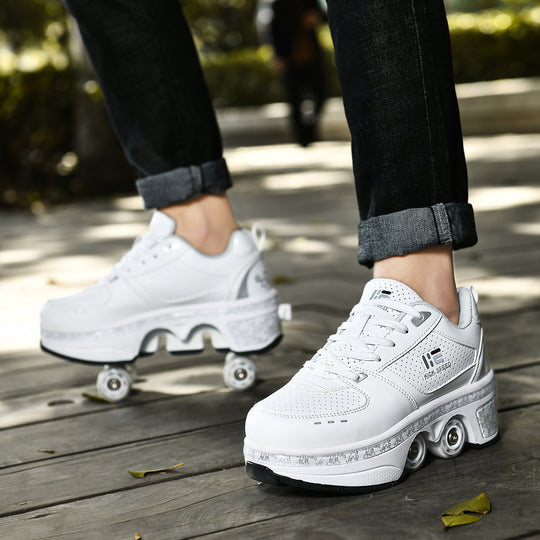 woman skating in white roller skate shoes, Kick Speed sneakers with wheels, wooden deck scene