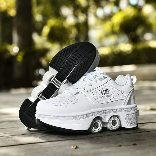 side view of white sneakers with retractable wheels, outdoor natural lighting