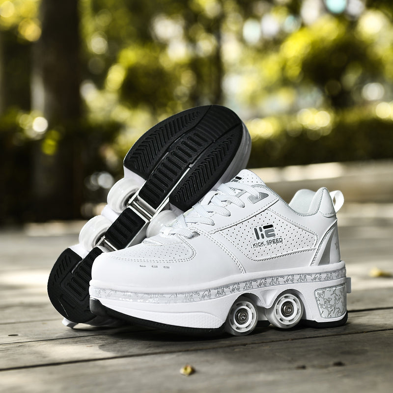 side angle of Kick Speed White Roller Skate Shoes resting on wooden surface, outdoor lifestyle photo for adults and teens