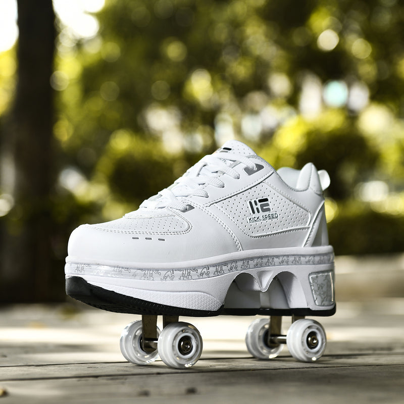 front angle view of white roller skate shoes with extended wheels, stylish white retractable roller sneakers