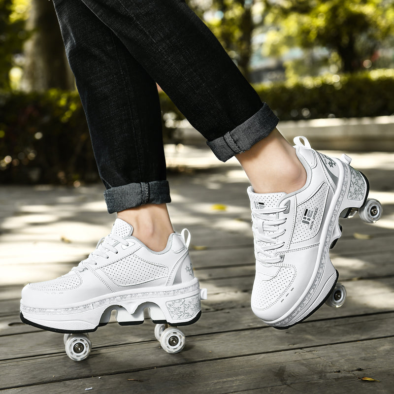 woman wearing Kick Speed Original White Roller Skate Shoes skating on wooden deck, white retractable roller sneakers for adults