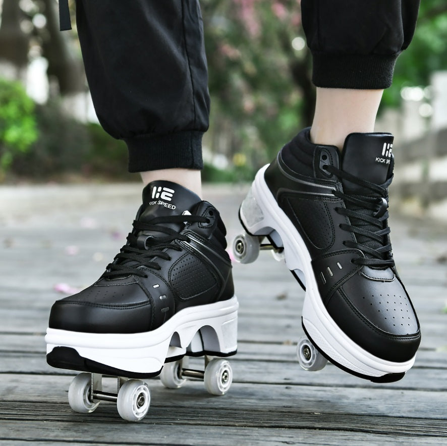 black Kick Speed 4 wheel roller skate shoes with pop out wheels, durable shoes with retractable wheels for everyday skating