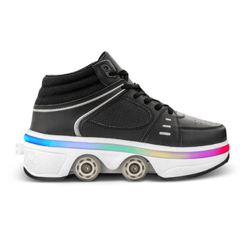side view of Kick Speed Original MID Black Roller Skate Shoes with LED light strip and retractable wheels on white background