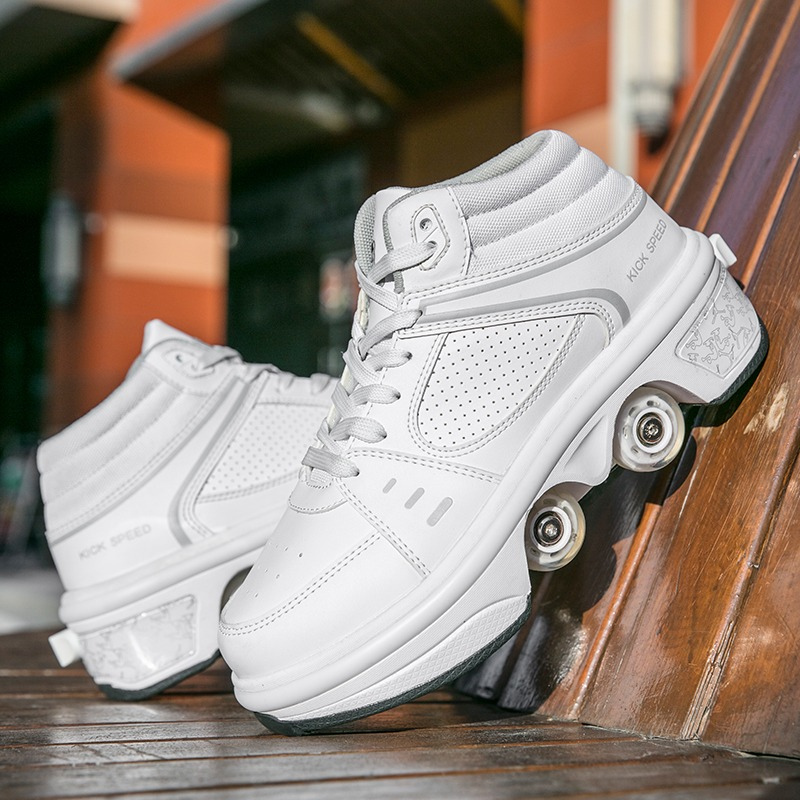 Kick Speed roller skate shoes, Original MID White, retractable wheels, lifestyle photo, outdoor sneakers with wheels, White roller shoes with LED lights