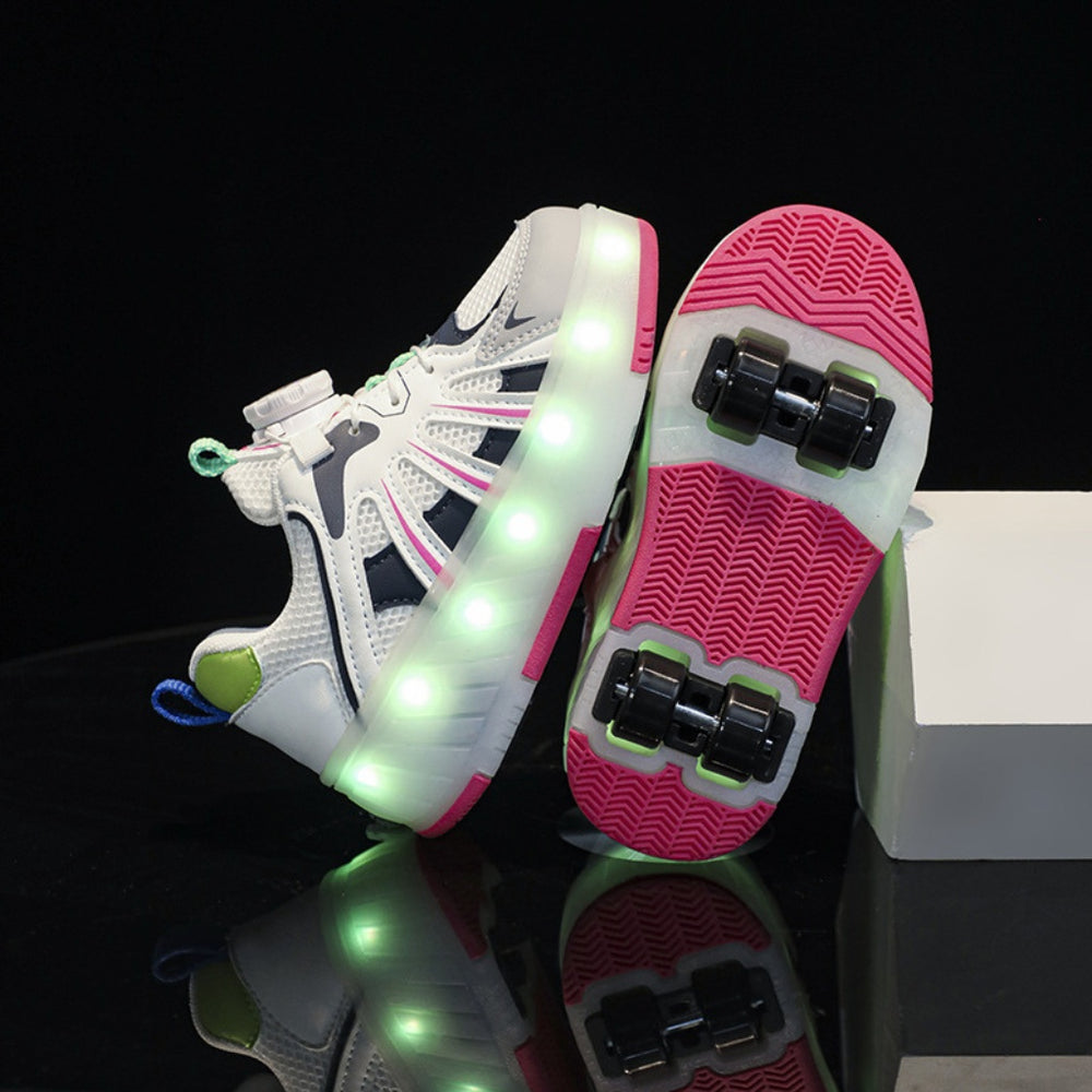 Kids LED heel wheel shoes with detachable front and rear wheels pink outsole view