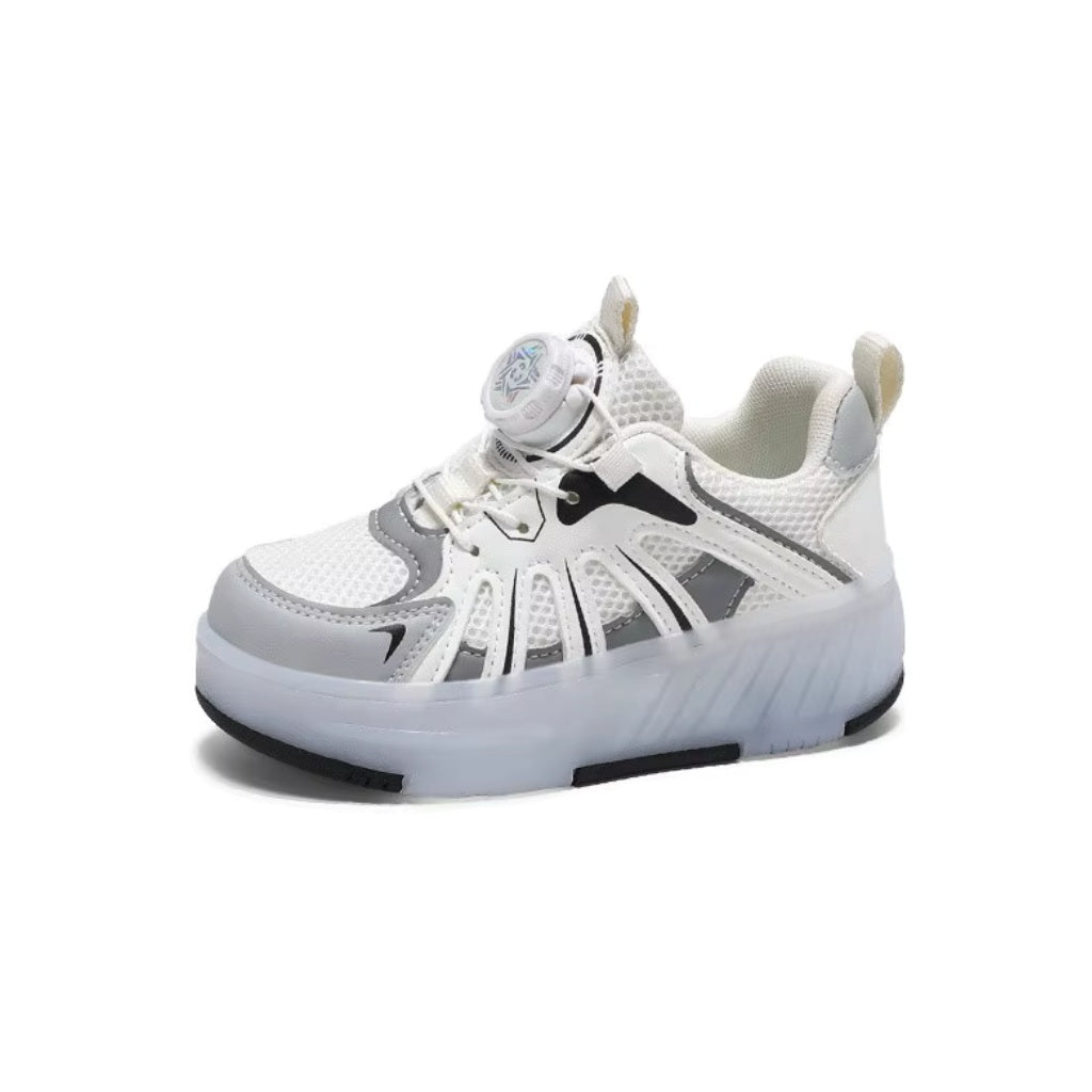 Kick Speed Photon Glow LOW heel wheel roller shoes for kids in silver with LED sole, a top birthday gift idea for children ages 6 to 8