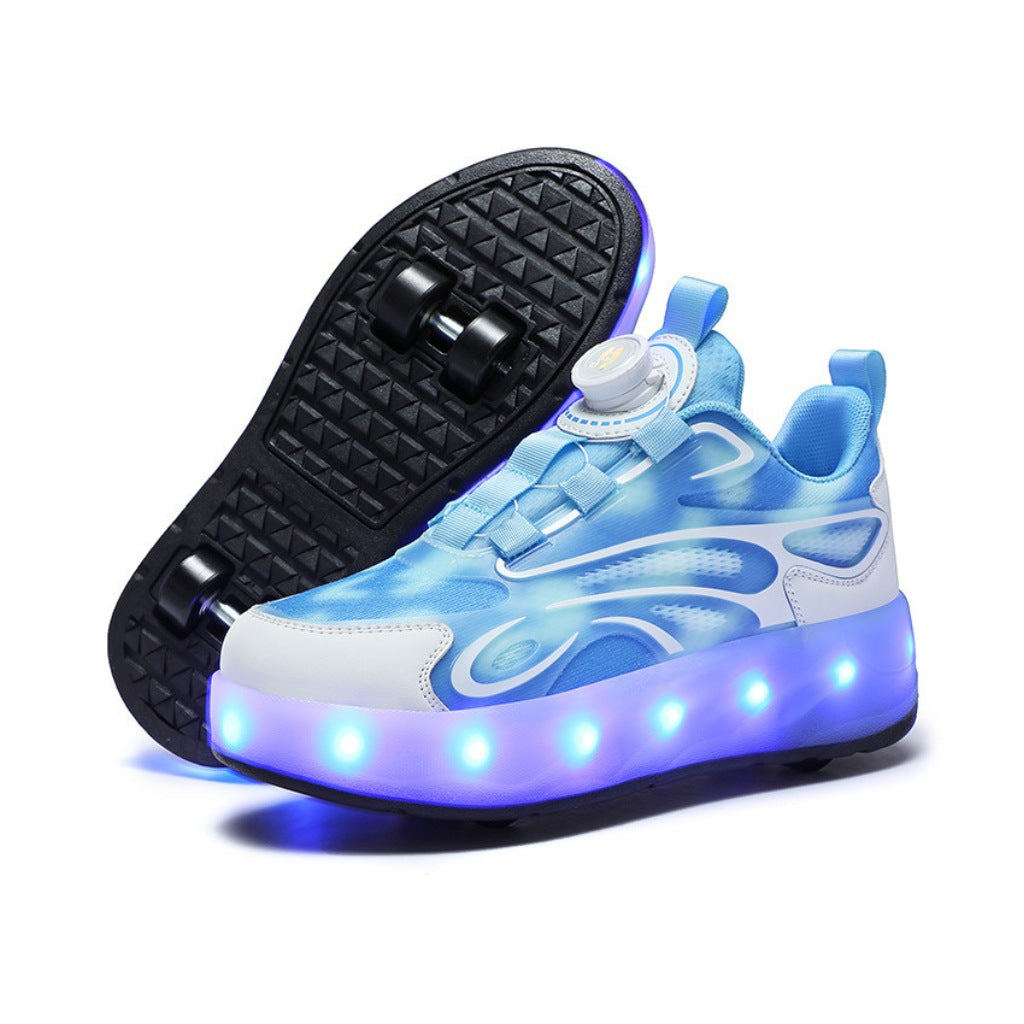 Light-up led heel wheel roller shoes with blue design on a white background