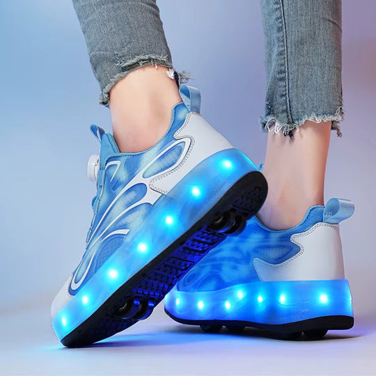 Blue and white LED sneakers with wheels worn with light gray jeans on a plain background