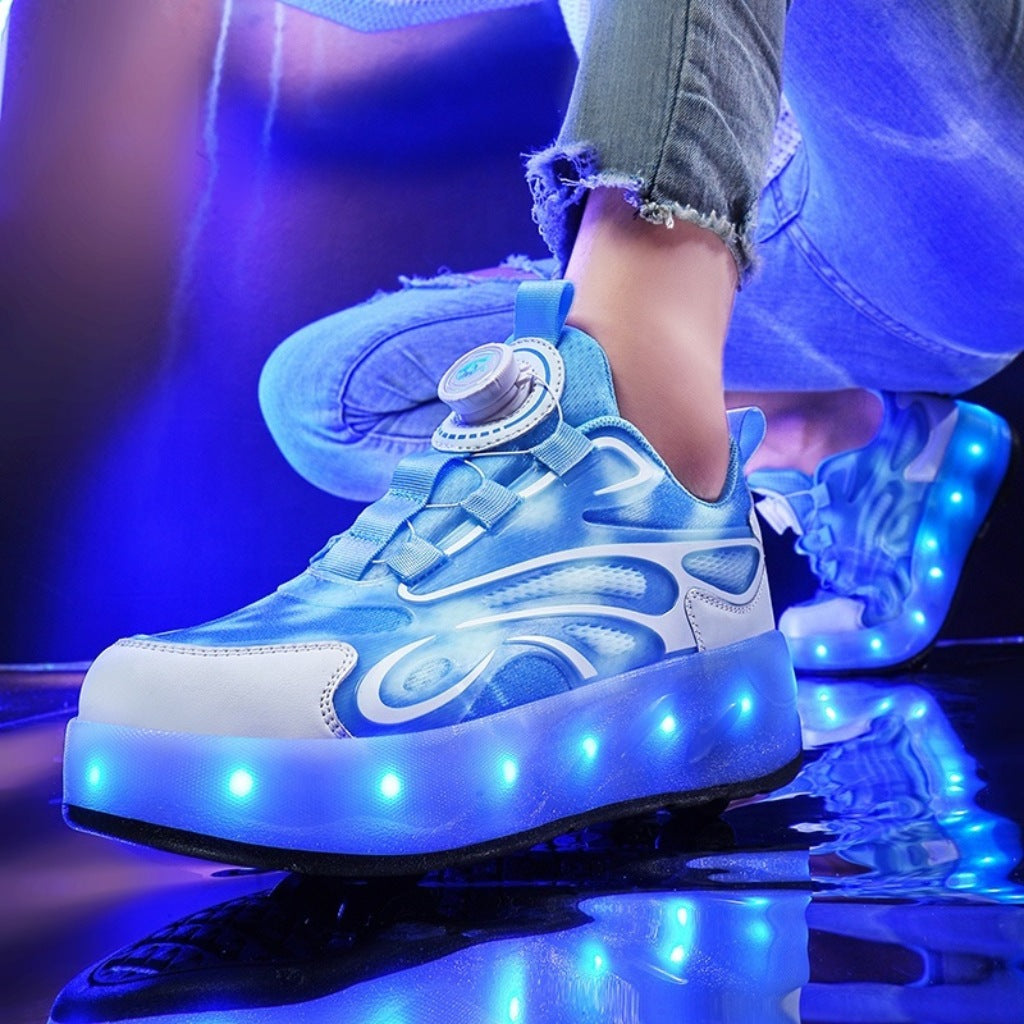 Light-up roller shoes with glowing wheels on a reflective surface.