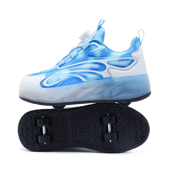 Blue sneaker with wheels on a white background