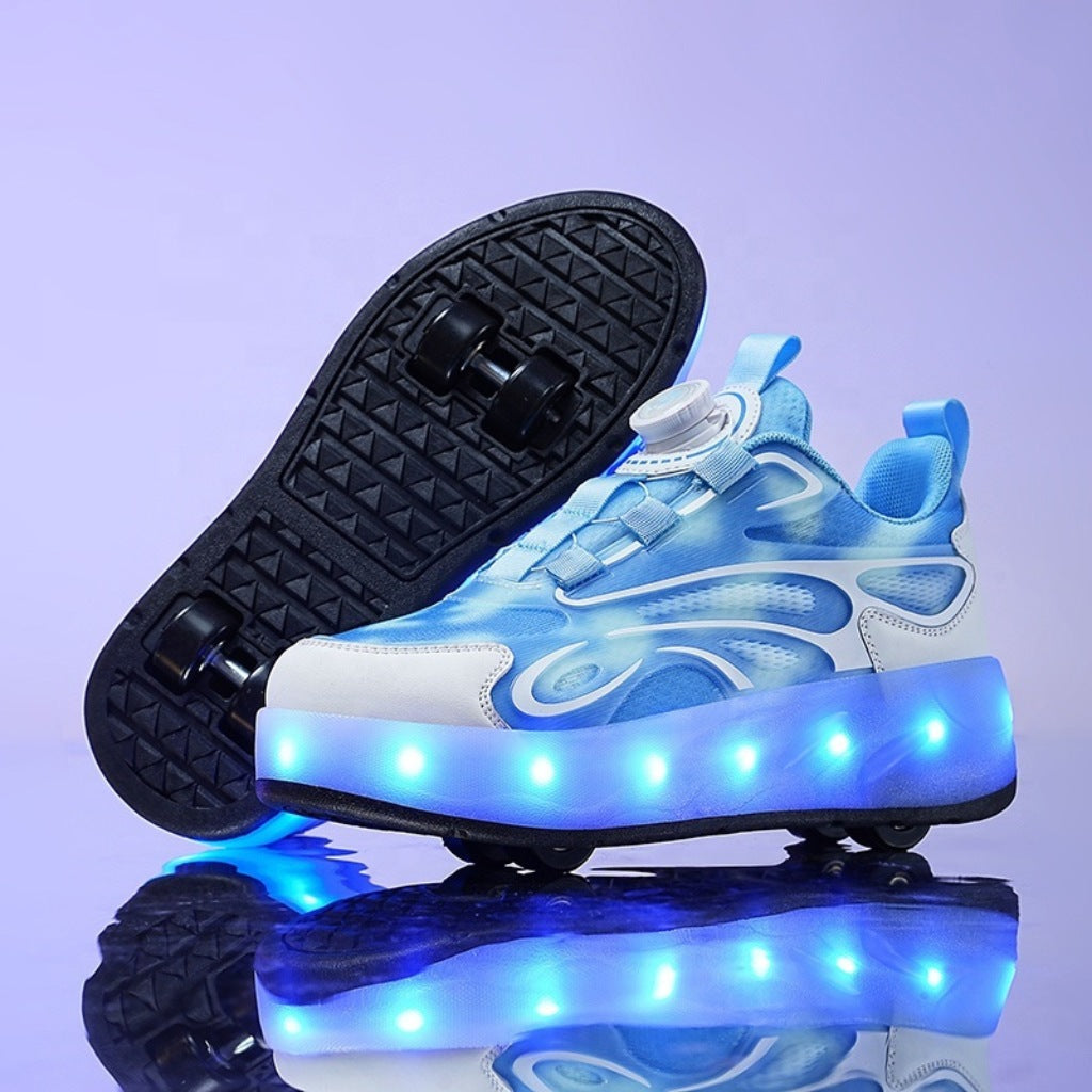 Blue roller sneakers with LED lights and black wheels on a reflective surface with a purple gradient background