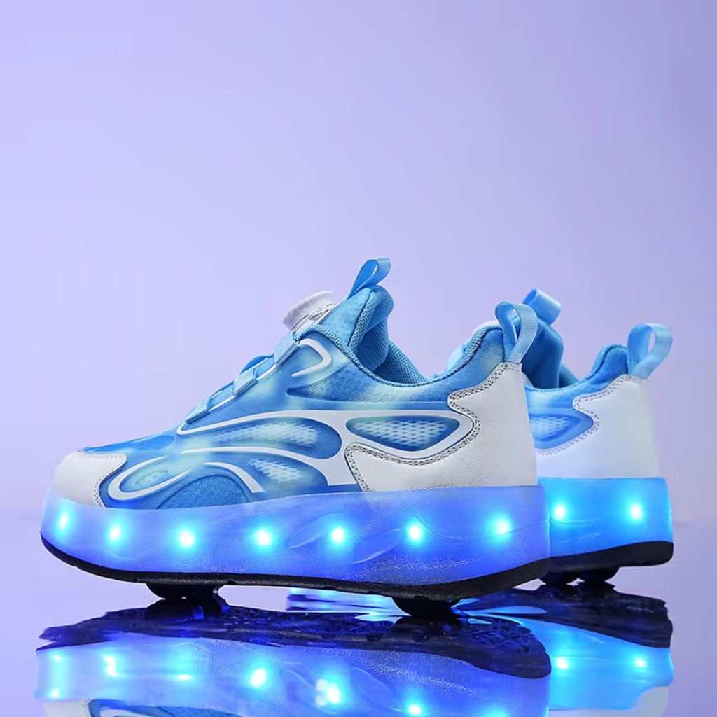 Blue and white LED shoes with wheels on a reflective surface with a purple background