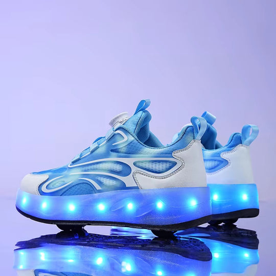 Blue and white LED shoes with wheels on a reflective surface with a purple background