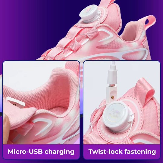 Pink roller sneaker with micro-USB charging and twist-lock fastening on a purple background