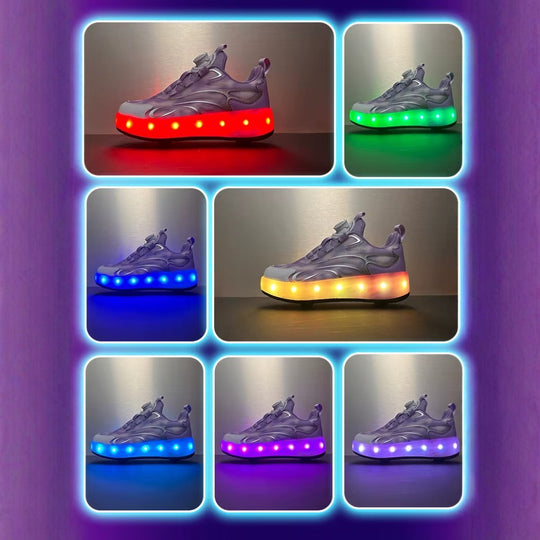 Collage of LED roller sneakers in various color modes on a purple background