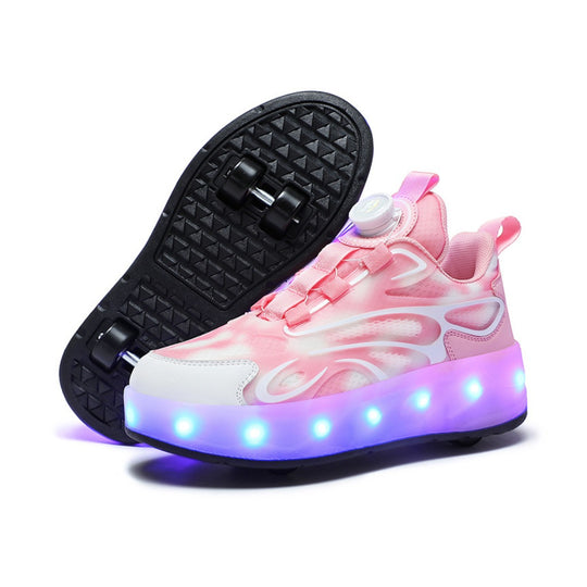 Pink LED shoes with wheels on a white background
