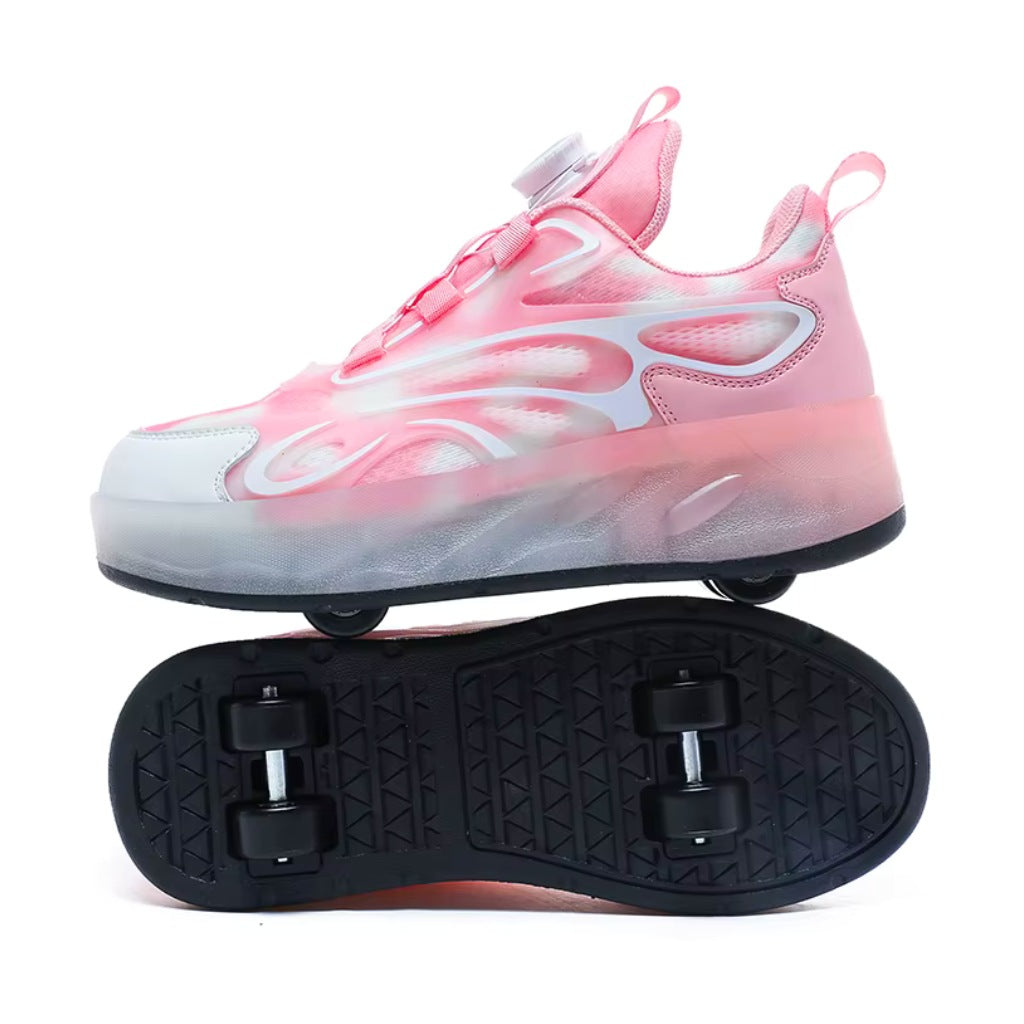 Pink shoe with wheels on a white background