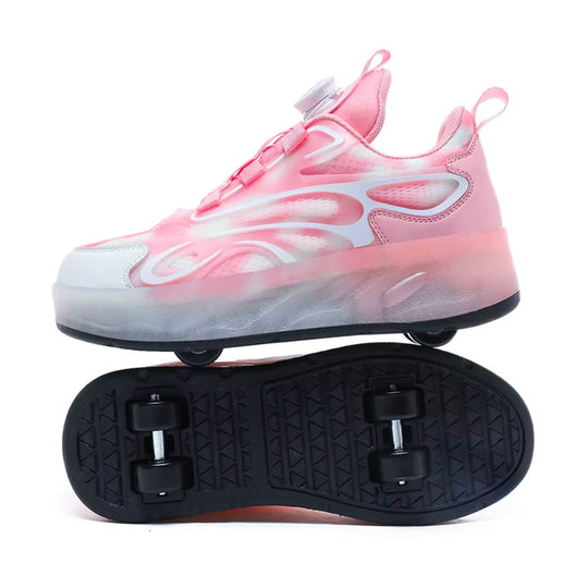 Pink shoe with wheels on a white background
