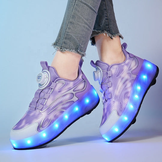 Kick Speed purple LED roller sneakers worn with gray jeans on a light blue background