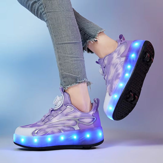 Purple LED heel wheel roller sneakers worn with gray jeans on a gradient background