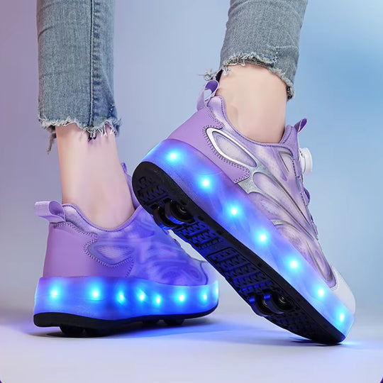 Purple LED sneakers with wheels worn with light blue background