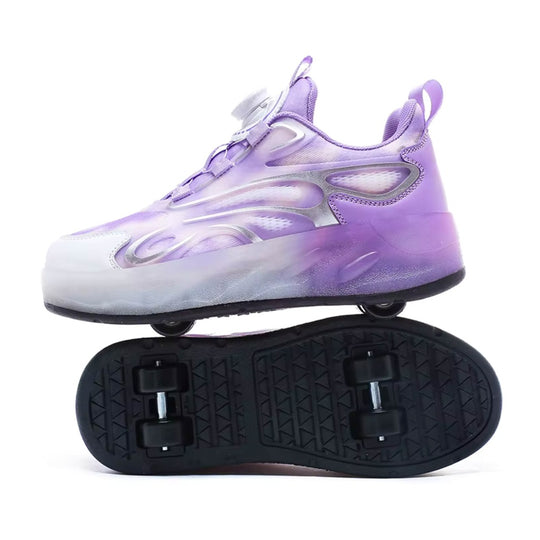 Purple shoes with wheels on a white background