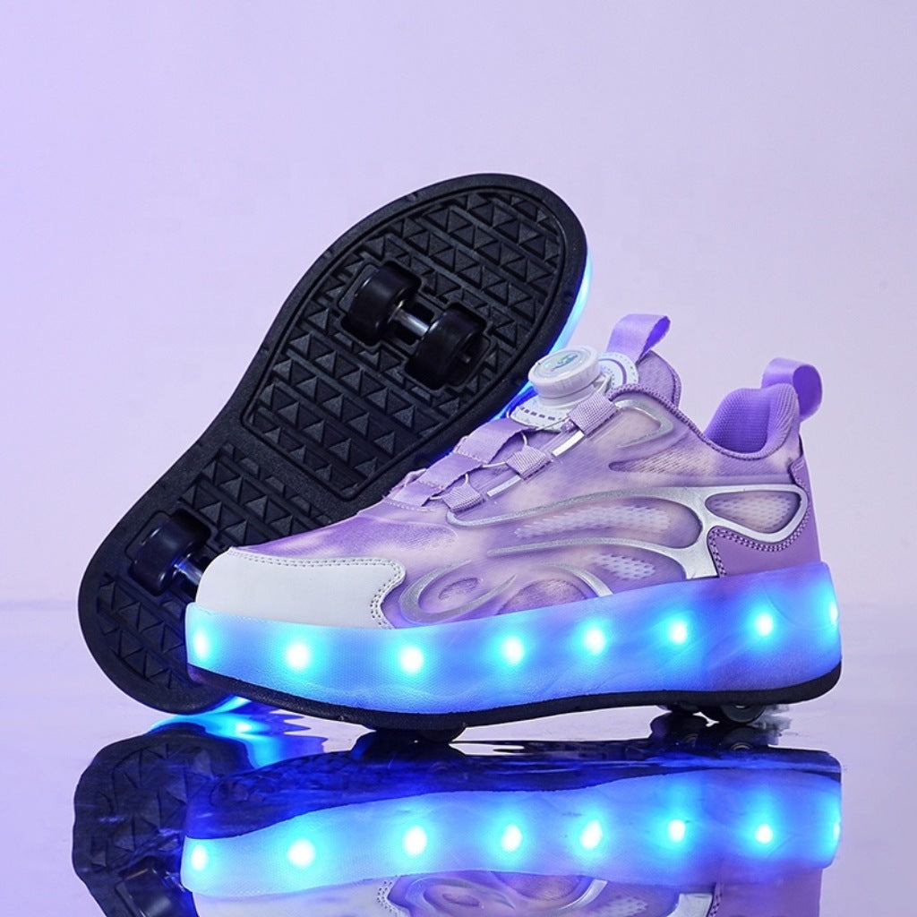Purple roller sneakers with LED lights on a reflective surface