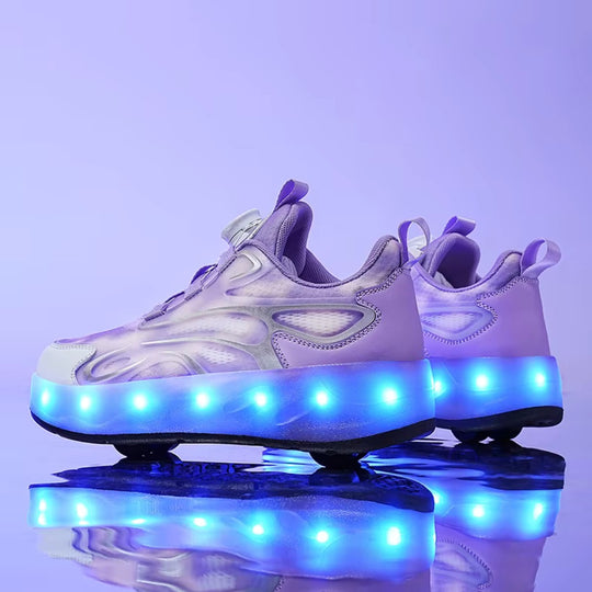 Pair of LED-lit sneakers with wheels on a reflective surface with a purple gradient background